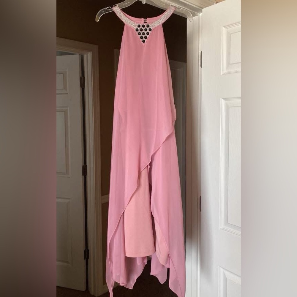 Chic Pink High-Low Dress with Embellished Neckline